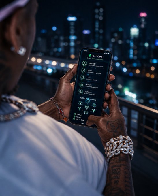 A person with tattoos and diamond bracelets using a smartphone displaying an app called 'CANOPY' against a city skyline at night.