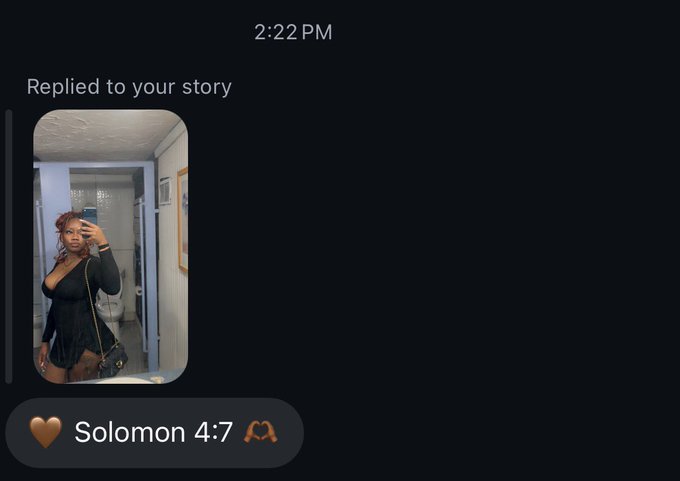 A notification reads "Replied to your story" at 2:22 PM, showing a mirror photo of herself in a black outfit with braided hair, followed by the message "Solomon 4:7" with a heart and hands emoji. The post "Bouta add this to my bag hol up" suggests she admires the outfit and is considering recreating or purchasing a similar look.