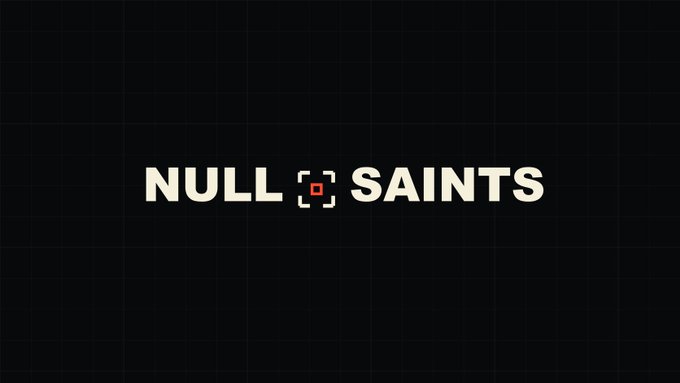 The image displays the "NULL SAINTS" logo in bold white text on a black grid background, with a red-outlined square pixel symbol separating the two words. This minimalist, tech-inspired branding aligns with the post's teaser about an upcoming privacy-focused project on Robinhood Chain, evoking themes of digital security and anonymity.