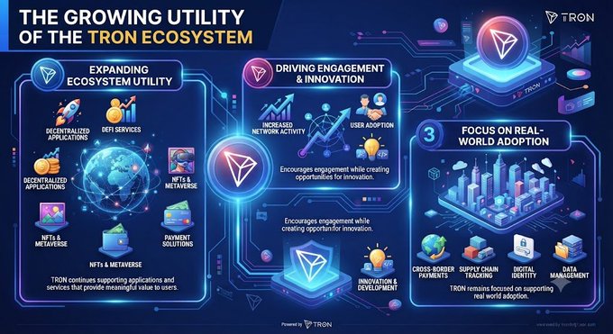 The image is a blue-themed infographic titled "THE GROWING UTILITY OF THE TRON ECOSYSTEM" featuring the TRON logo prominently in the top right. It highlights three main pillars: "Expanding Ecosystem Utility" (with icons for decentralized applications, DeFi services, NFTs & metaverse, and payment solutions), "Driving Engagement & Innovation" (showcasing increased network activity, user adoption, and innovation & development), and "Focus on Real-World Adoption" (displaying cross-border payments, supply chain tracking, digital identity, and data management), illustrating how TRON continues to support meaningful applications and services across its growing blockchain network.