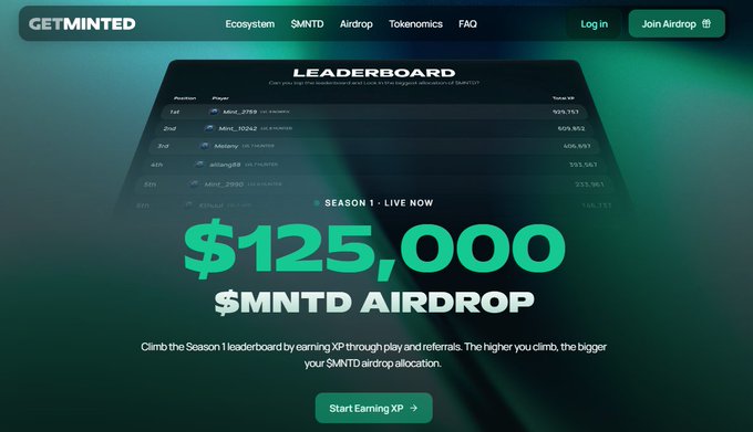 A promotional webpage for GETMINTED featuring a Season 1 Leaderboard and a '$125,000 MNTD AIRDROP' with a 'Start Earning XP' button.