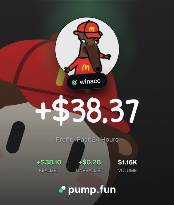 A pump.fun profit screenshot showing a gain of +$38.37 in the past 24 hours for the account @winacc, featuring an avatar of a cartoon anteater in a McDonald's-style red cap and shirt.