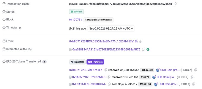 A blockchain transaction record showing a successful transaction on block 94170781 dated Sep-21-2026, involving ERC-20 USDC token transfers between multiple wallet addresses including 0xb8C7172398CACE558c3a8Dc471c16E07bF57a1Eb and 0xE588834A3161a0720E8F6bf223748D6098a4B76.