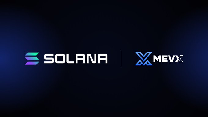 The image displays the Solana and MevX logos side by side on a dark background, visually representing MevX's announcement that they have decided to stay on the Solana blockchain.
