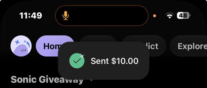 A smartphone screen at 11:49 displays an iOS notification confirming "Sent $10.00" with a green checkmark, corresponding to the "Sonic Giveaway" mentioned below, as the user celebrates their money transfer success and prompts others to enable notifications.