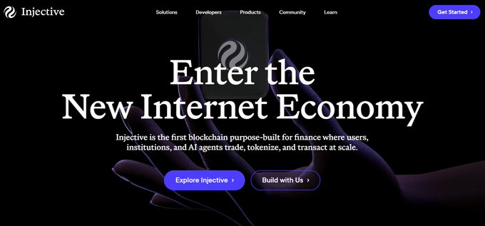 A sleek, dark-themed landing page for Injective features the headline "Enter the New Internet Economy" alongside the tagline positioning Injective as "the first blockchain purpose-built for finance where users, institutions, and AI agents trade, tokenize, and transact at scale," with call-to-action buttons for "Explore Injective" and "Build with Us"—visually reinforcing the post's emphasis on Injective's evolution beyond DeFi into a broader financial ecosystem inclusive of AI agents.