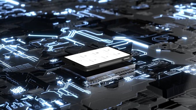 A close-up, macro-style 3D render of a computer processor or chip mounted on a dark circuit board with glowing blue pathways and lights tracing the electronic components.