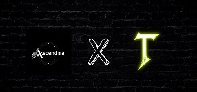 The image features three logos on a black brick background: the "Ascendria" logo on the left, a large "X" in the middle, and a glowing green "T" symbol on the right, visually representing the collaboration between Ascendria and Titans (@titanshood_) announced in the post.