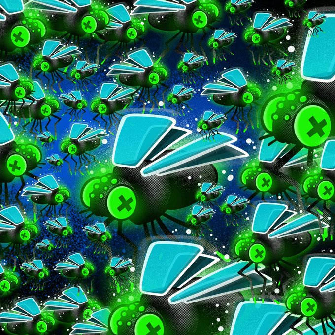 The image features a large number of green flies with blue wings scattered across a dark blue background. The flies are positioned at various angles and distances from each other, creating an abstract and chaotic scene. The text "GM flies never dies" is written in white letters above the flies, while the phrase "1,023,831 flies" is written below them. This combination of text and image creates a sense of movement and energy within the composition.