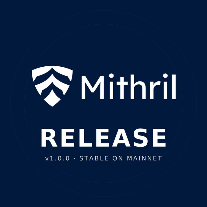 The image features a logo that says "Mithril Release" written in white text against a blue background, accompanied by a circle containing the word "Release" inside of it. The text also includes details about the release, such as the version number (v1.0.0), stable on mainnet, and the presence of a cardano node.