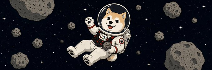 The image features a cartoon dog wearing a spacesuit and waving while floating in space surrounded by numerous small rocks or meteoroids. The caption of the image includes references to the internet, Doge, and MrAsteroid, suggesting that this is an advertisement for a product related to space exploration or a humorous take on the idea of being an astronaut.