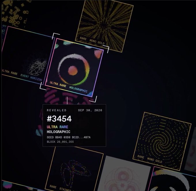 A digital display showcases an 'ULTRA RARE HOLOGRAPHIC' NFT #3454, revealing details like 'SEED BB4D 03D8 BC2D...487A' and 'BLOCK 26,091,355', alongside other items like 'RARE MONO GOLD' and 'RARE STATINED'.