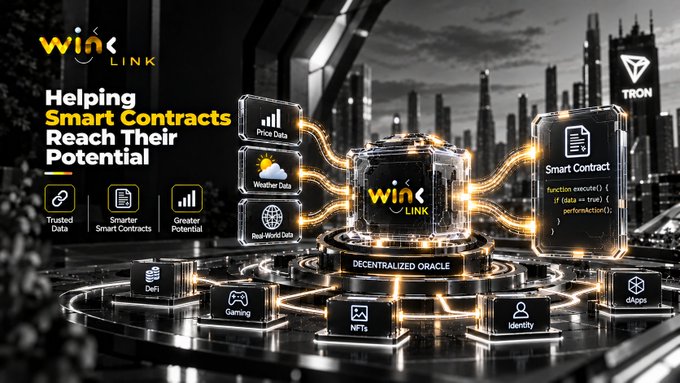A promotional image for 'WinLink' shows the tagline 'Helping Smart Contracts Reach Their Potential' with a Tron logo, depicting data flows and connections to DeFi, Gaming, NFTs, Identity, and dApps.