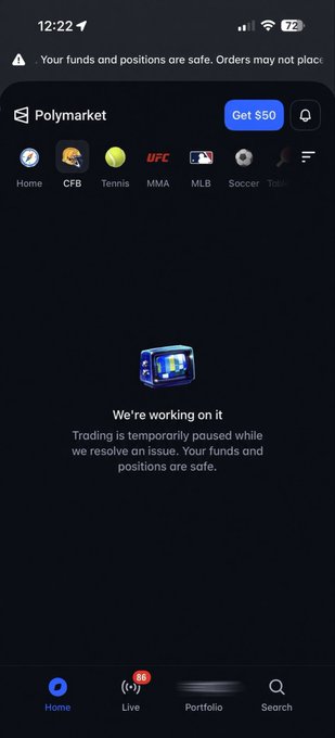 The screenshot shows the Polymarket app displaying a "We're working on it" message with text stating "Trading is temporarily paused while we resolve an issue. Your funds and positions are safe," along with navigation tabs for CFB, Tennis, MMA, UFC, MLB, and Soccer sports categories. This directly illustrates the user's experience of trying to use Polymarket on college football's opening Saturday, only to encounter a trading outage that prevented them from placing bets.