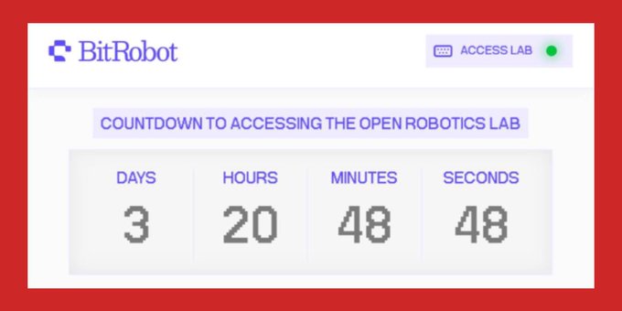 A countdown timer from "BitRobot" reads "COUNTDOWN TO ACCESSING THE OPEN ROBOTICS LAB" with 3 days, 20 hours, 48 minutes, and 48 seconds remaining.