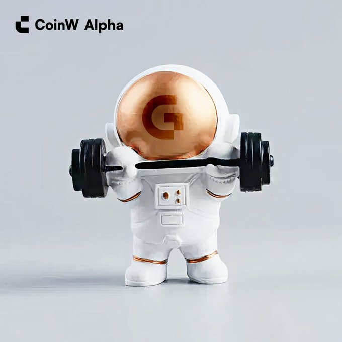 A 3D rendered white astronaut figurine with a rose-gold helmet featuring a 'G' logo, lifting a black barbell, branded as 'CoinW Alpha' in the top-left corner.