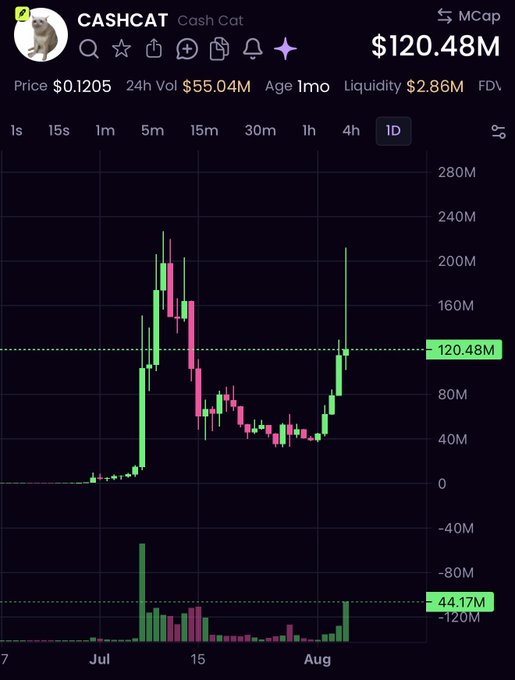 A cryptocurrency trading chart for "Cash Cat" (CASHCAT) showing a price of $0.1205 with a market cap of $120.48M, displaying the token's volatile price action from early July through August with an initial spike near $200M before settling at its current level—visually supporting the post's claim that CASHCAT surged to a $200M market cap after Robinhood listing and is now dipping toward $120M.