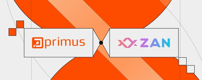 A graphic displaying logos for 'primus' and 'X: ZAN' against an orange geometric background.