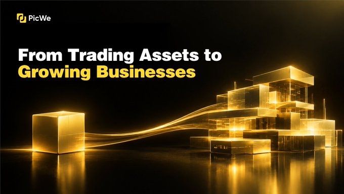 A promotional graphic for PicWe with the tagline 'From Trading Assets to Growing Businesses', depicting golden glowing cubes connected by flowing light trails, transforming into a building structure.