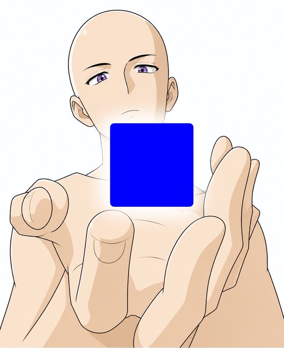 An anime-style illustration of a bald, shirtless figure with purple eyes holding up a solid blue square in front of their chest.