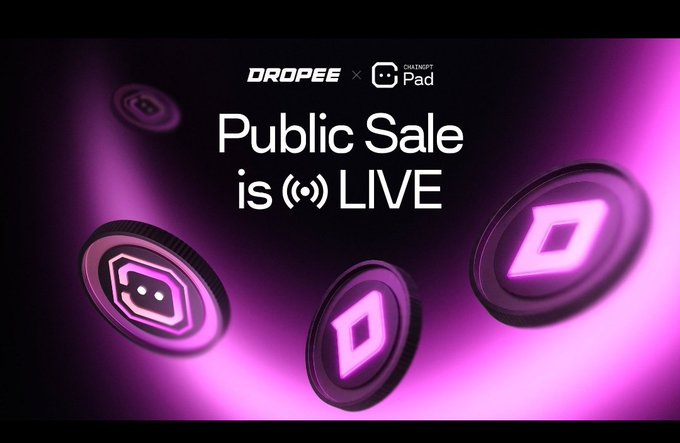 The image features a purple background with three circles floating around it. The text "Public Sale is (Live)" is written above each circle, indicating that this event is taking place online. The caption below the image reads "Good Evening CT Two plays. One clear thesis: **the interface is the product**. @dropee_app •Team: ex-President of Voodoo + founder of Meero. Not their first studio, but the first one with this kind of leverage. Product: Dropee Create. Lovable & Pump."