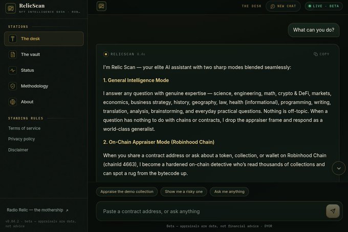 A screenshot of the RelicScan AI assistant interface, describing its 'General Intelligence Mode' for answering questions and 'On-Chain Appraiser Mode' for evaluating digital assets on the Robinhood Chain.