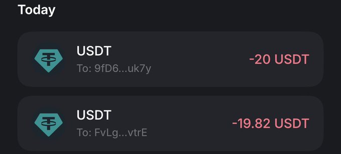 The image shows a transaction history with two USDT transfers recorded for "Today," one of -20 USDT sent to address 9fD6...uk7y and another of -19.82 USDT sent to FvLg...vtrE, visually confirming the $20 sent to the two recipients mentioned in the post.