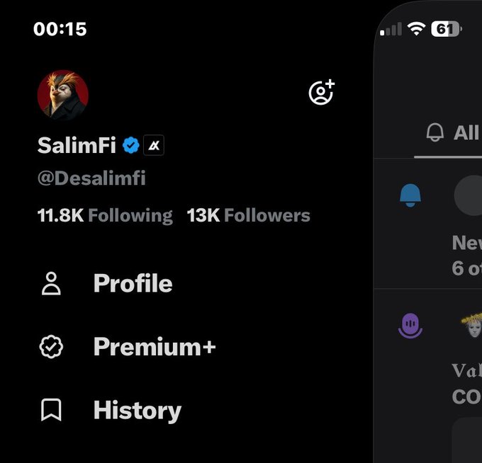 A Twitter profile screen for verified user "SalimFi" (@Desalimfi) with 11.8K Following and 13K Followers, showing menu options for Profile, Premium+, and History.