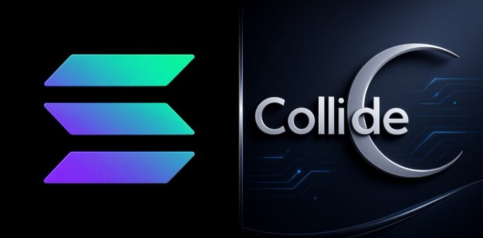 A graphic displays the teal and purple Solana logo next to the silver 'Collide' logo with a crescent moon design on a dark background.