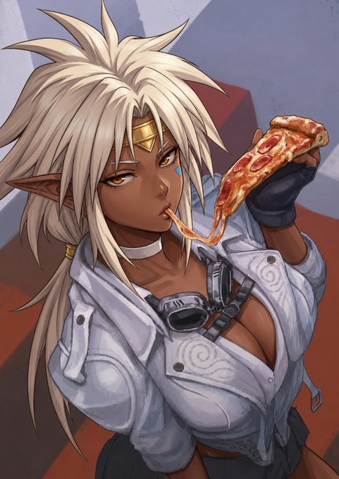 An anime-style illustration of a dark-skinned female character with spiky white/blonde hair, pointed elf-like ears, a gold headband, and goggles around her neck, wearing a white jacket while eating a slice of pepperoni pizza.