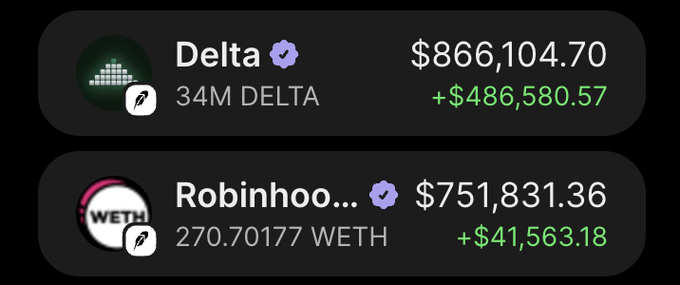 The image displays two cryptocurrency wallet positions: a Delta token holding of 34M DELTA valued at $866,104.70 (up $486,580.57), and a WETH position labeled "Robinhoo..." of 270.70177 WETH valued at $751,831.36 (up $41,563.18). Both verified accounts support the poster's claim of being a top DELTA holder with a substantial $866k bag, visually backing up their statement about not selling their large position.