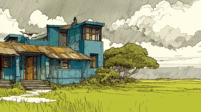 An illustrated image depicting a weathered, blue multi-story building in a grassy field beneath a cloudy sky, drawn in a sketch-like style.