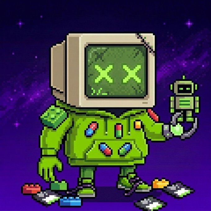 A pixel art illustration depicts a green robot with a television for a head displaying 'X X' eyes, holding a smaller robot against a purple starry background.