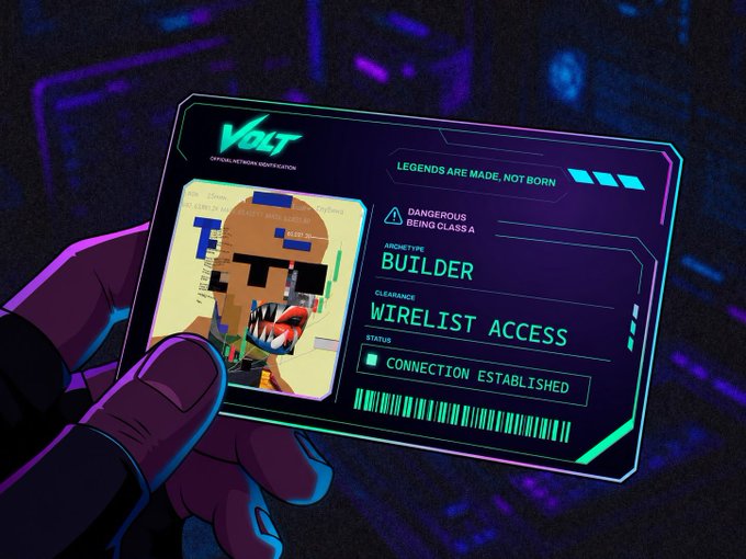 A stylized digital illustration of a hand holding a cyberpunk-themed ID card labeled 'VOLT - OFFICIAL NETWORK IDENTIFICATION' featuring a character portrait and text including 'ARCHETYPE BUILDER' and 'CLEARANCE WIRELIST ACCESS'.