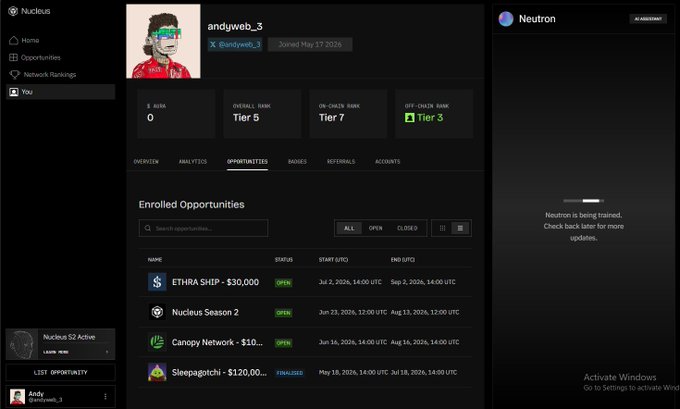 A screenshot of the Nuclus platform dashboard for user 'andyweb_3', showing a Tier 5 rank and listing enrolled opportunities like ETHRA SHIP, Nuclus Season 2, Canopy Network, and Sleepagotchi.