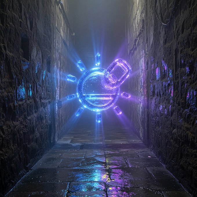 The image features a dark alleyway with a large, glowing blue circle that appears to be emitting light from within. This radiant object is positioned centrally in the frame, drawing attention as the main focus of the scene. The background consists of a stone wall on one side and a brick wall on the other, adding an urban feel to the setting. In the corner of the image, there's also a post that reads "Lock tf in We are @SolOnChain". This text is located near the center of the frame, providing context about the location or the source of the glowing object.