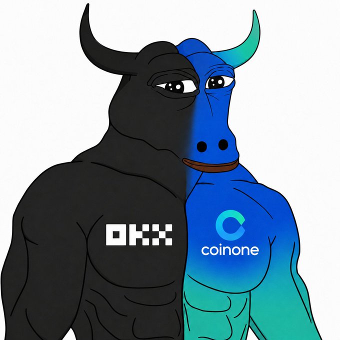 An illustration of a muscular bull split half black (with an OKX logo) and half blue (with a Coinone logo), representing a cryptocurrency exchange.