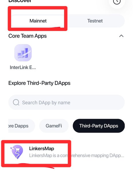 A screenshot of a 'Discover' interface for DApps with red boxes highlighting the 'Mainnet' toggle and the 'LinkersMap' dApp, described as a comprehensive mapping application.