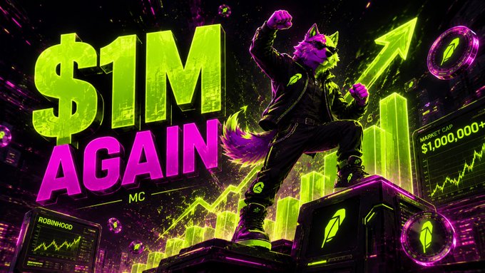 A bold neon green and magenta promotional graphic featuring an anthropomorphic wolf character in a leather jacket standing triumphantly on stacked monitors showing 'ROBINHOOD' and 'MARKET CAP $1,000,000+' tickers, with large text reading '$1M AGAIN MC' and an upward green arrow.