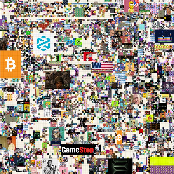 A dense mosaic/collage of hundreds of small internet meme images, logos, and text snippets, with prominent Bitcoin (₿) logos, an American flag, and 'GameStop' text visible throughout.