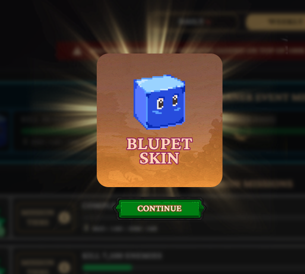A game UI popup titled 'BLUPET SKIN' displaying a pixelated blue cube character, with a green 'CONTINUE' button below it against a blurred background.