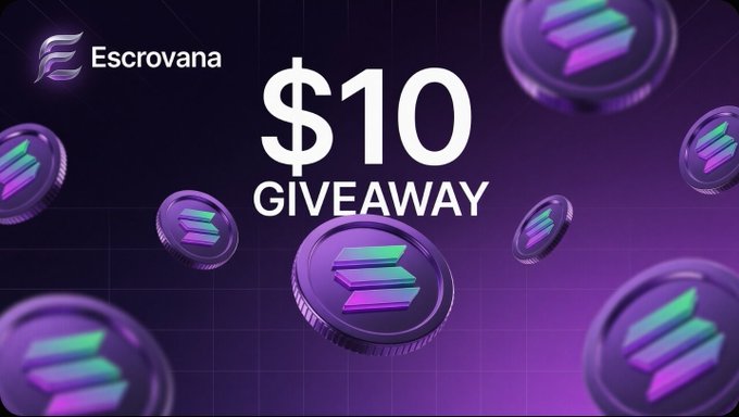 A promotional graphic for Escrovana announcing a "$10 GIVEAWAY" featuring floating purple Solana (SOL) coins against a dark background, designed to encourage users to follow and engage with their social media post.