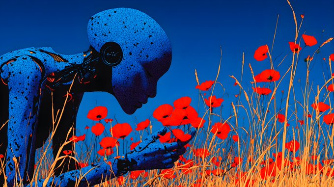 A blue humanoid robot with an exposed mechanical head crouches in a field of red poppies against a deep blue sky.