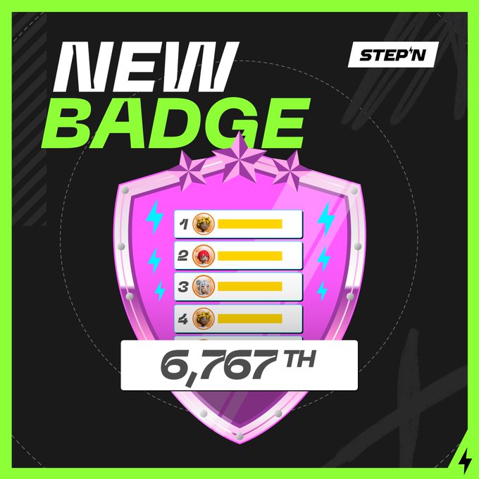 The image is a "NEW BADGE" announcement from STEP'N, featuring a pink shield emblem with four ranked slots and the number "6,767TH" prominently displayed below. The graphic promotes earning this exclusive "The World Remembers Meme" badge by landing exactly in 6,767th place on the Weekly, Monthly, or All-Time Leaderboard.