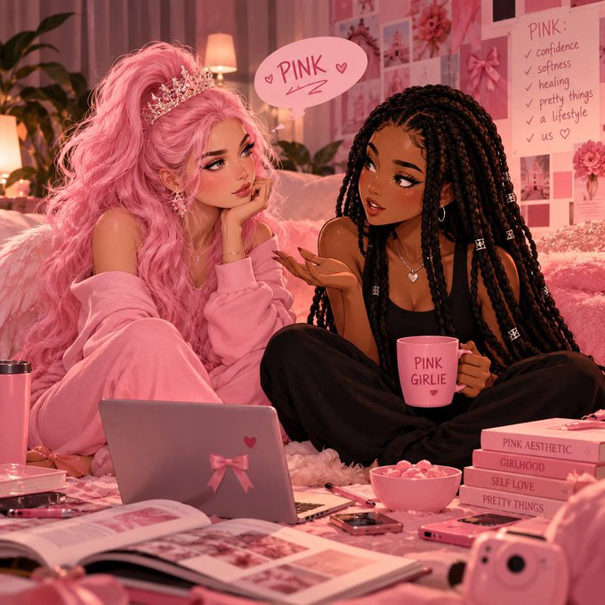 An illustrated scene of two young women in a pink aesthetic room, one with long pink hair and the other with dark braids holding a 'PINK GIRLIE' mug, surrounded by pink decor and books.