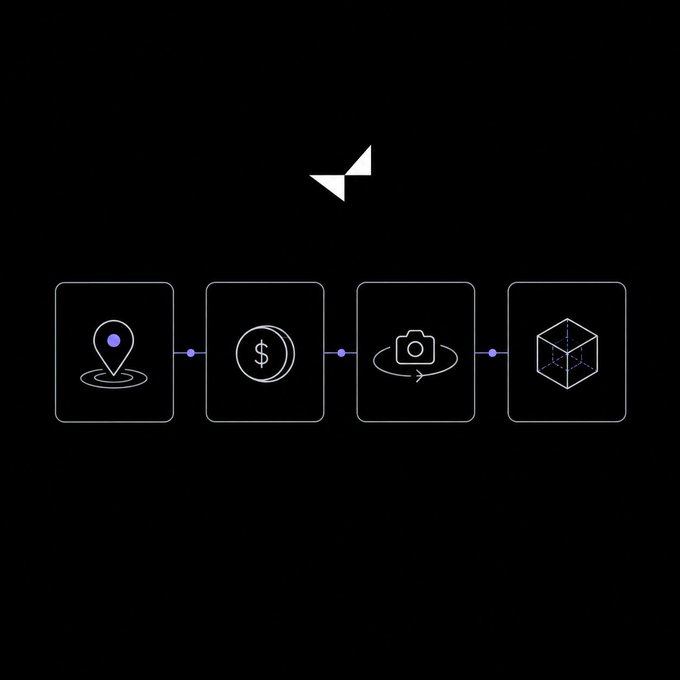 A minimalist black graphic with four connected icons representing location, finance, photography, and 3D modeling.