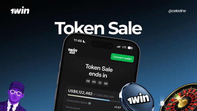A dark promotional image for “1win” reads “Token Sale” and shows a smartphone, a roulette wheel, a casino chip, and the handle “@celestine.”