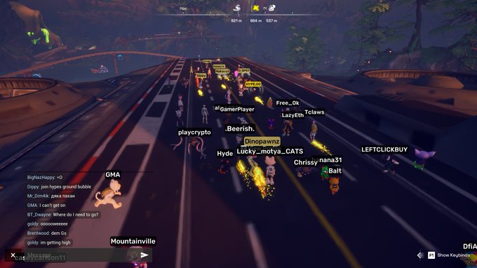 A Fortnite gaming screenshot showing multiple player characters with usernames like 'Dinopawnz', 'playcrypto', and 'LEFTCLICKBUY' traversing a metallic platform in a jungle-themed map area called 'Mountainville'.