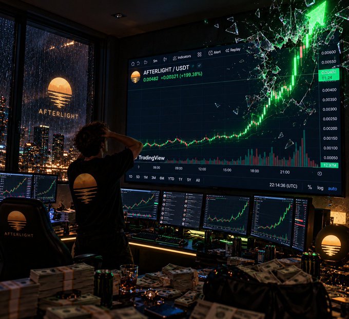 A dim trading workspace shows a person facing multiple screens with rising crypto-style charts; visible text includes “AFTERLIGHT,” “AFTERLIGHT / USDT,” “TradingView,” and “Alert / Replay.”