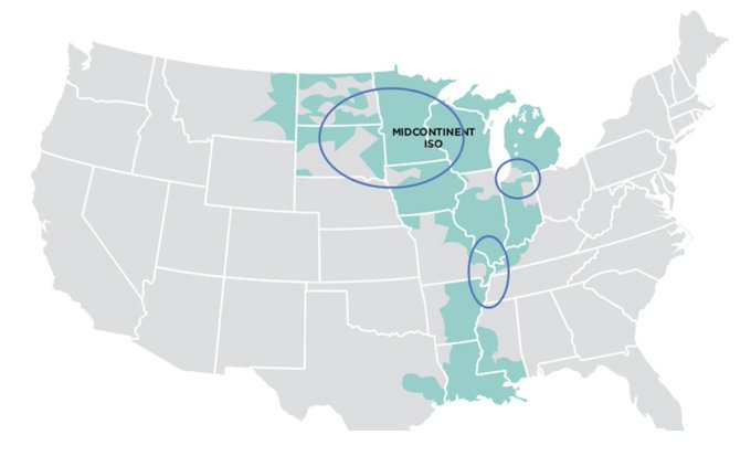 The image shows a U.S. map highlighting MISO's service territory in teal, spanning the Midwest and South with the label "MIDCONTINENT ISO" marked in the northern region and three blue ovals circling key operational hubs. The map visually emphasizes MISO's vast 15-state footprint covering 45 million people, illustrating the grid operator's scale as it adopts new interconnection rules that treat large power consumers like Bitcoin mining companies.
